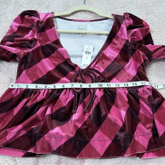 NWT Maeve Velvet Pink Maroon Plaid Puff Sleeve Top Low Cut Size Small - Picture 10 of 12